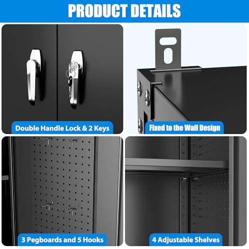 Garage Storage Cabinet with Wheels, 72" H, 2 Doors, 4 Adjustable Shelves, Black Q104