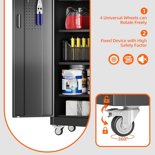 Metal Storage Cabinet with Wheels, 73" H, Locking Doors and Adjustable Shelves C8462