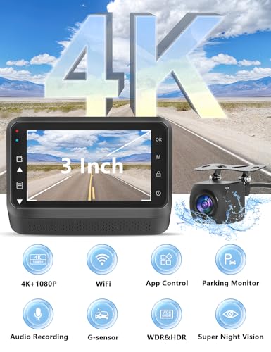 Dash Cam Front and Rear, 4K+1080P WiFi Dual Dash Cam with App, 3" IPS Screen, Night Vision, 24/7 Parking Monitor X881
