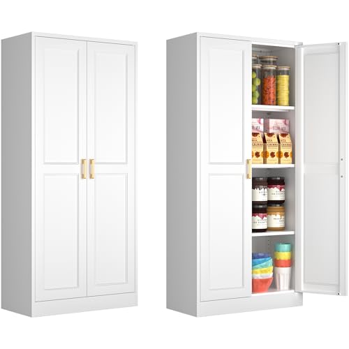Tall Kitchen Storage Cabinet with Doors and Adjustable Shelves, Black Freestanding Cupboard X34021