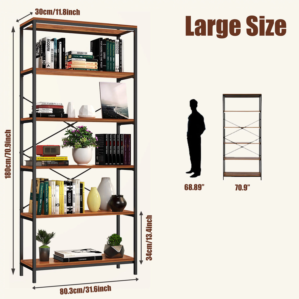 5-Tier Tall Bookcase, Rustic Wood and Metal Open Shelf Unit P380