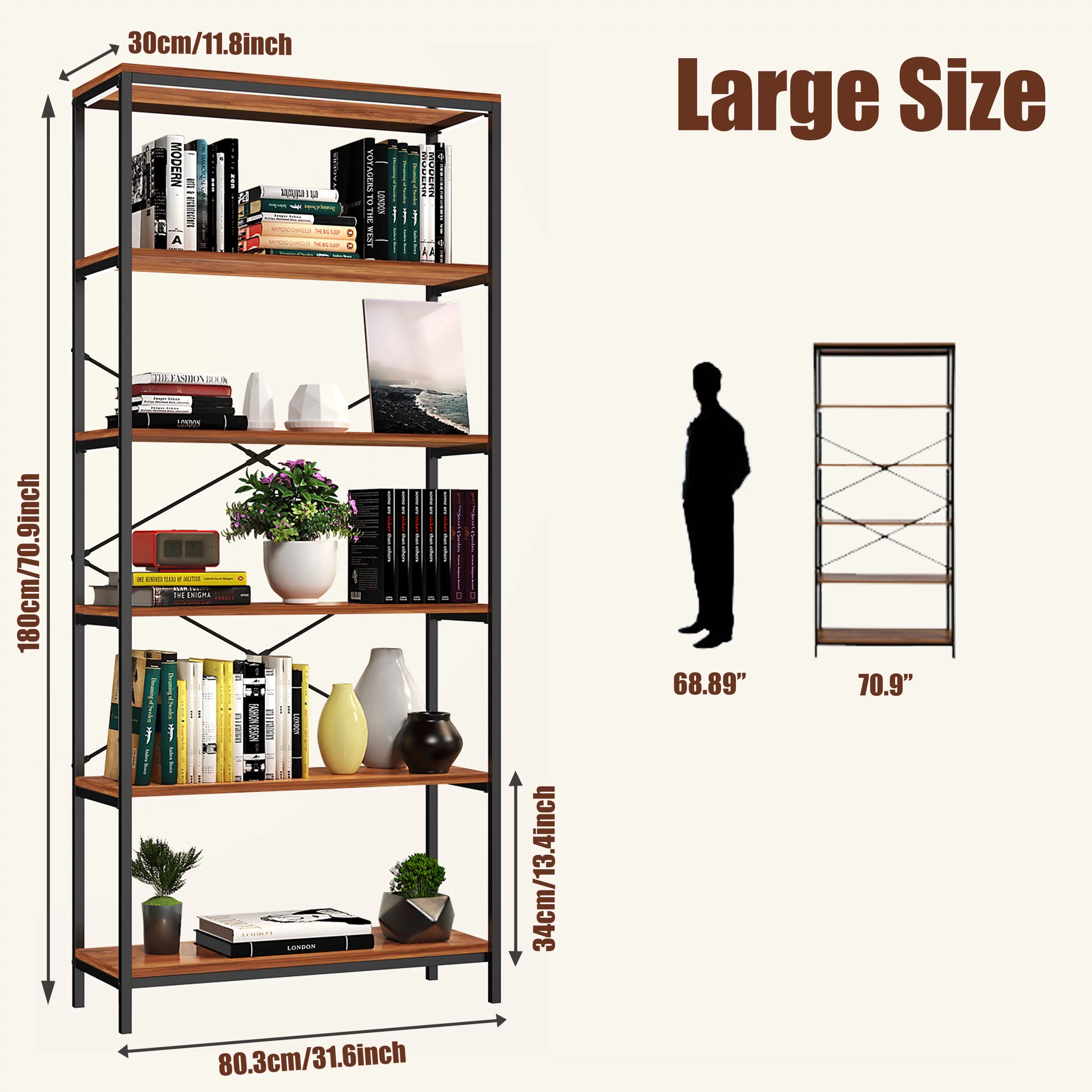 5-Tier Tall Bookcase, Rustic Wood and Metal Open Shelf Unit P380