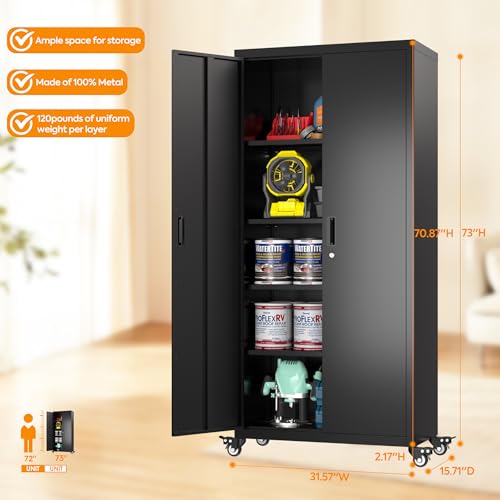 Metal Storage Cabinet with Wheels, 73" H, Locking Doors and Adjustable Shelves C8462