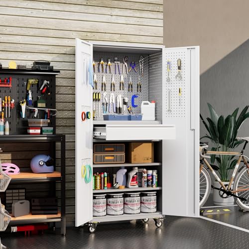 Metal Storage Cabinet with Wheels, 73" H, Locking Doors and Adjustable Shelves C8462
