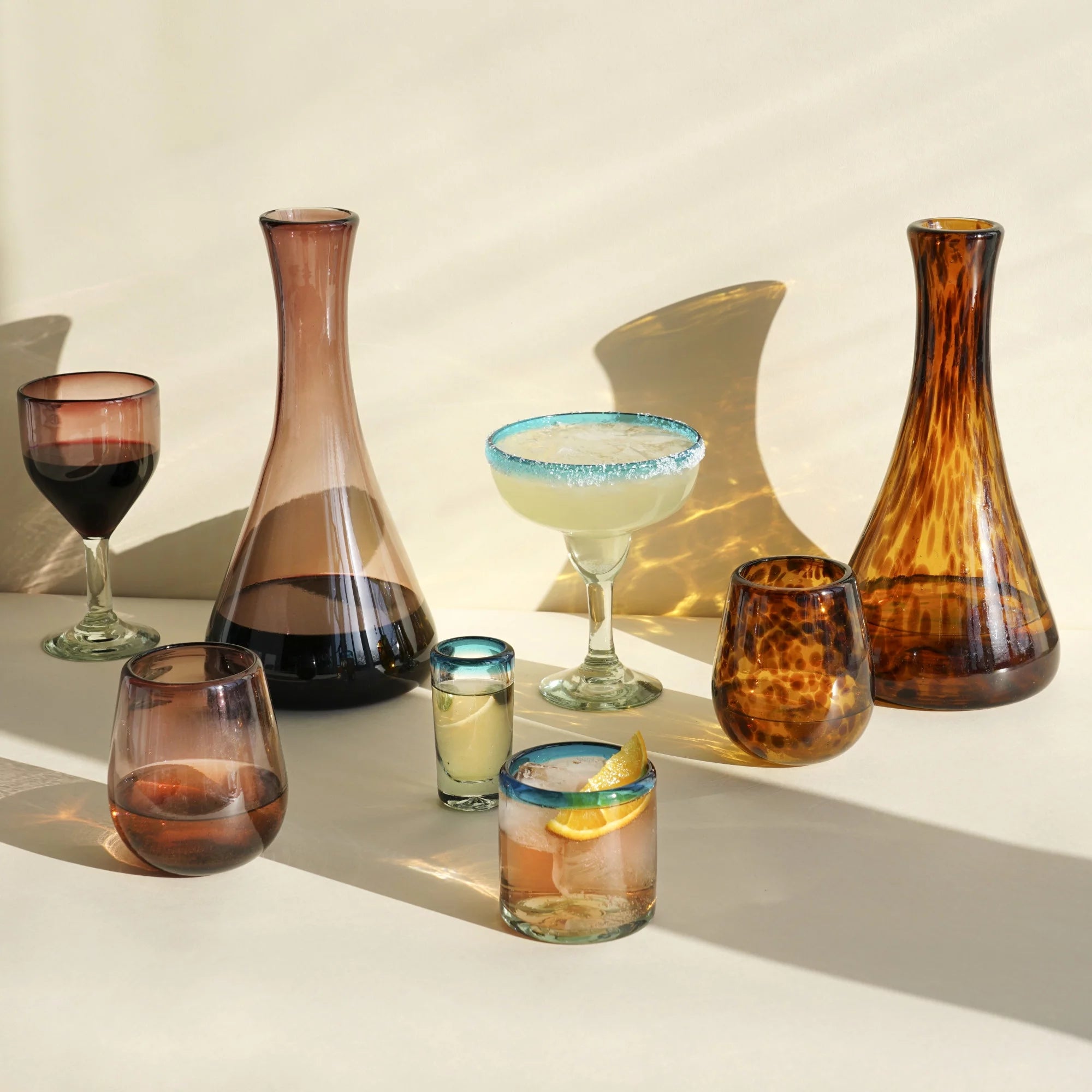Tortoise Shell Stemless Wine Glasses Set - Hand Blown Recycled Glass, 13oz, Set of 2 S726