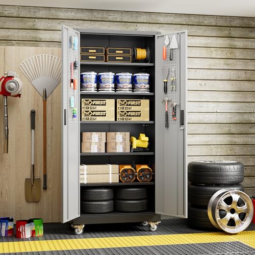 Metal Storage Cabinet with Wheels, 73" H, Locking Doors and Adjustable Shelves C8462