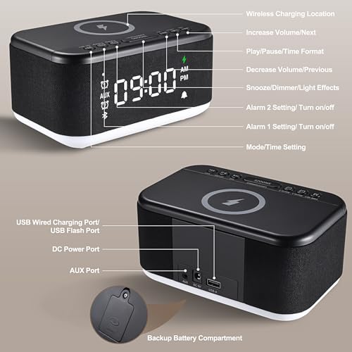 Wireless Charger Alarm Clock Speaker with Dimmable Light D64277