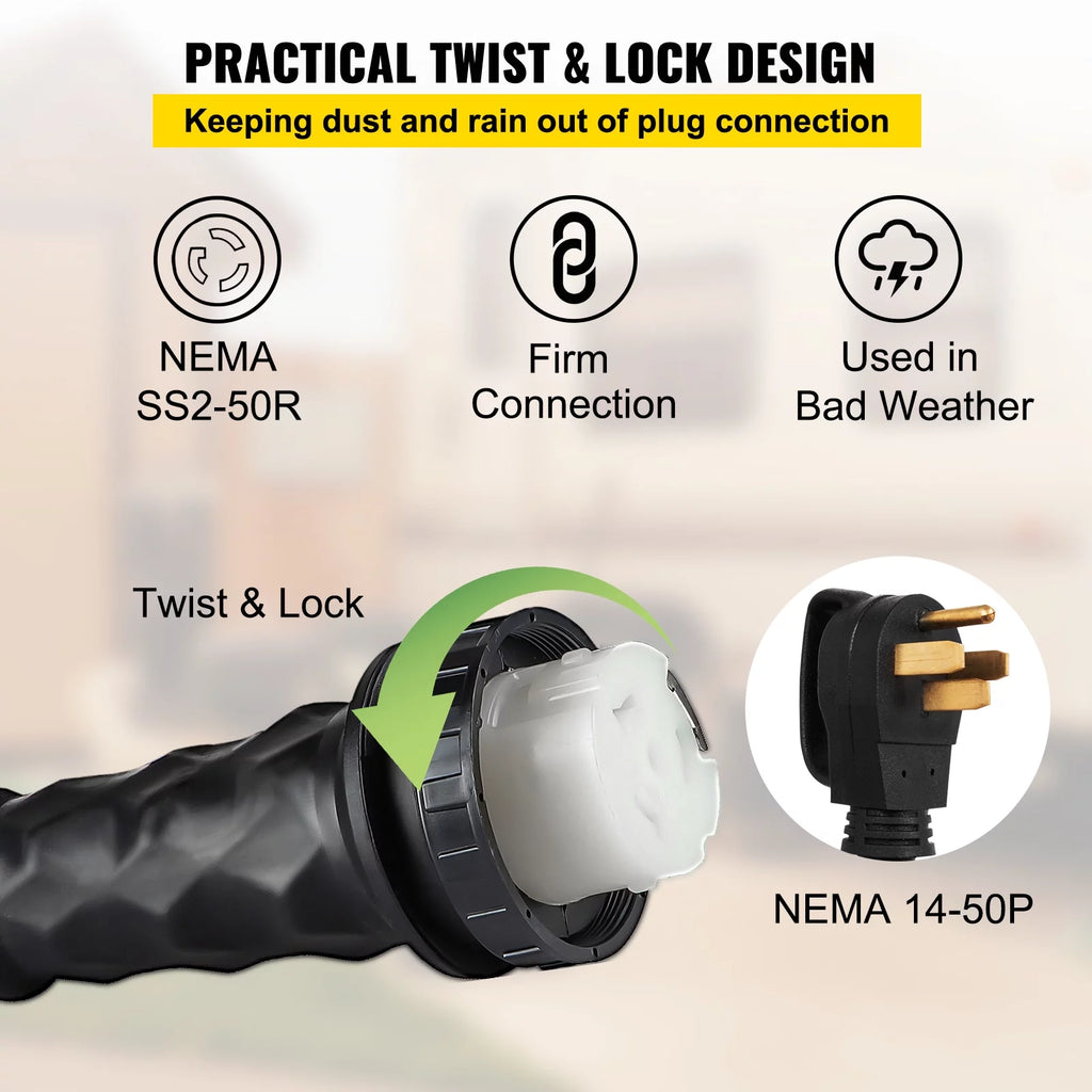 50 ft 50 Amp RV Shore Power Extension Cord, Weatherproof Heavy Duty Twist Lock Y966