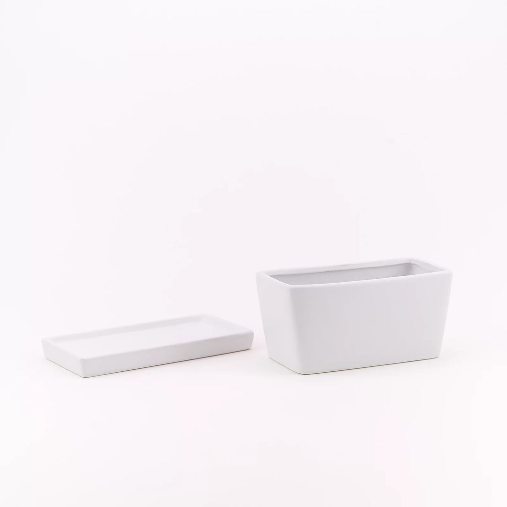 White Rectangular Ceramic Succulent Planter with Drainage Hole and Tray N54336
