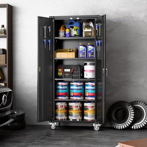 Garage Storage Cabinet with Wheels, 72" H, 2 Doors, 4 Adjustable Shelves, Black Q104