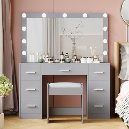 Vanity Desk with Stool, Lighted Mirror, 3 Color Modes, Adjustable Brightness, Drawers, White S703720
