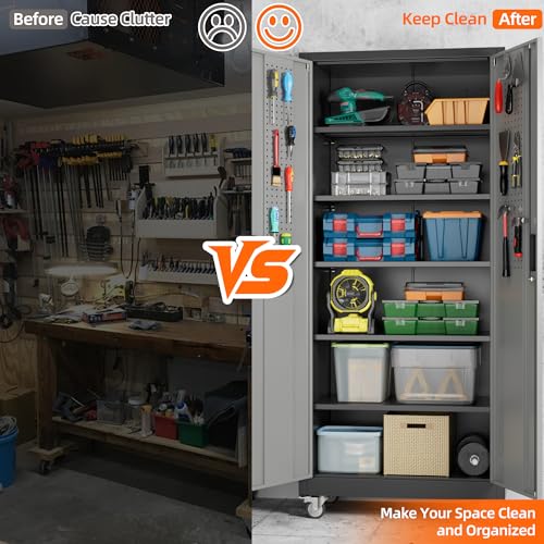 Metal Storage Cabinet with Wheels, 73" H, Locking Doors and Adjustable Shelves C8462