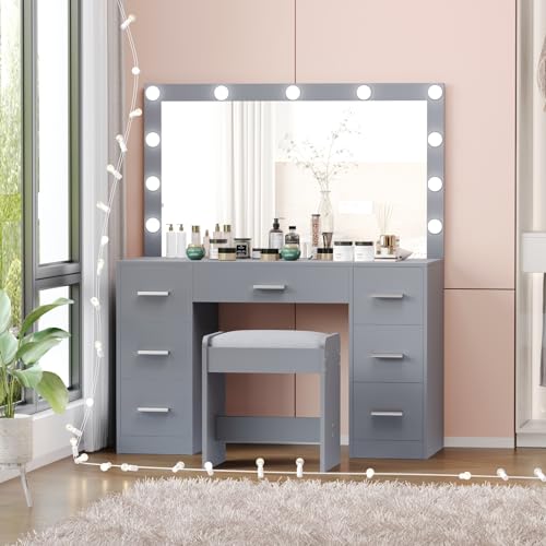 Vanity Desk with Stool, Lighted Mirror, 3 Color Modes, Adjustable Brightness, Drawers, White S703720