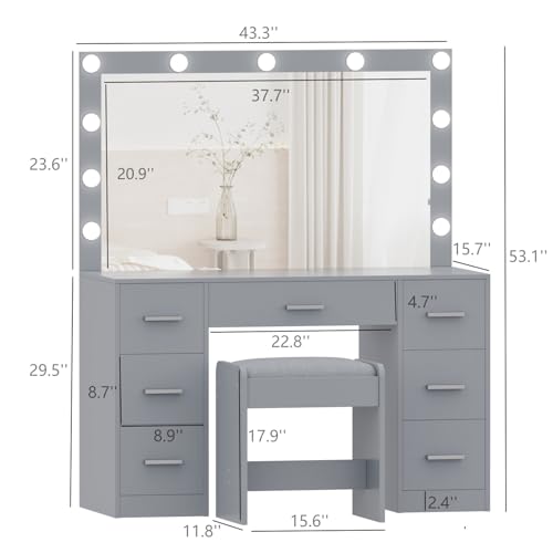 Vanity Desk with Stool, Lighted Mirror, 3 Color Modes, Adjustable Brightness, Drawers, White S703720