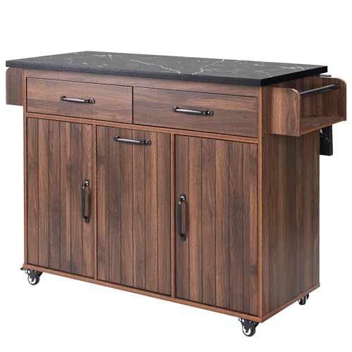 Farmhouse Kitchen Island with Drop Leaf, Barn Door and Wheels O34026