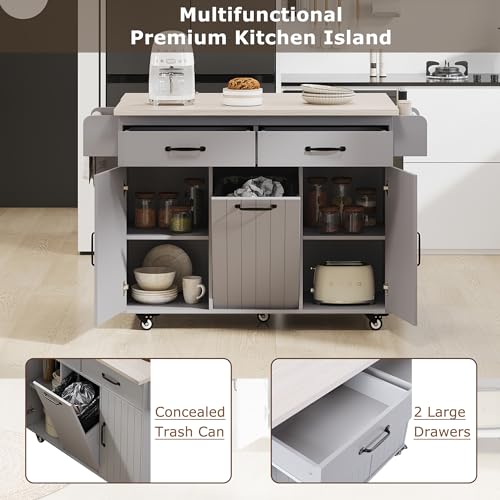 Farmhouse Kitchen Island with Drop Leaf, Barn Door and Wheels O34026