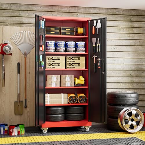 Metal Storage Cabinet with Wheels, 73" H, Locking Doors and Adjustable Shelves C8462