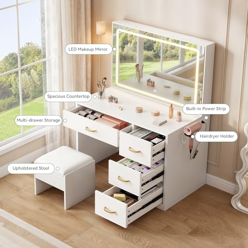 Vanity Desk Set with LED Mirror, Makeup Table with Drawers and Stool D406695