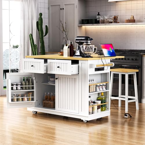 Kitchen Island Cart with Drop Leaf, Power Outlet, and 5 Storage Shelves Z644898