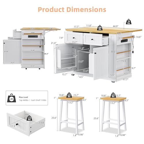 Kitchen Island Cart with Drop Leaf, Power Outlet, and 5 Storage Shelves Z644898