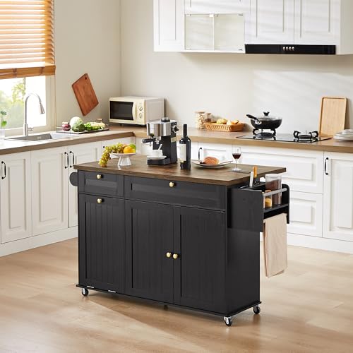 Kitchen Island with Power Outlet & Drop Leaf, Rolling Cart with Storage T1071