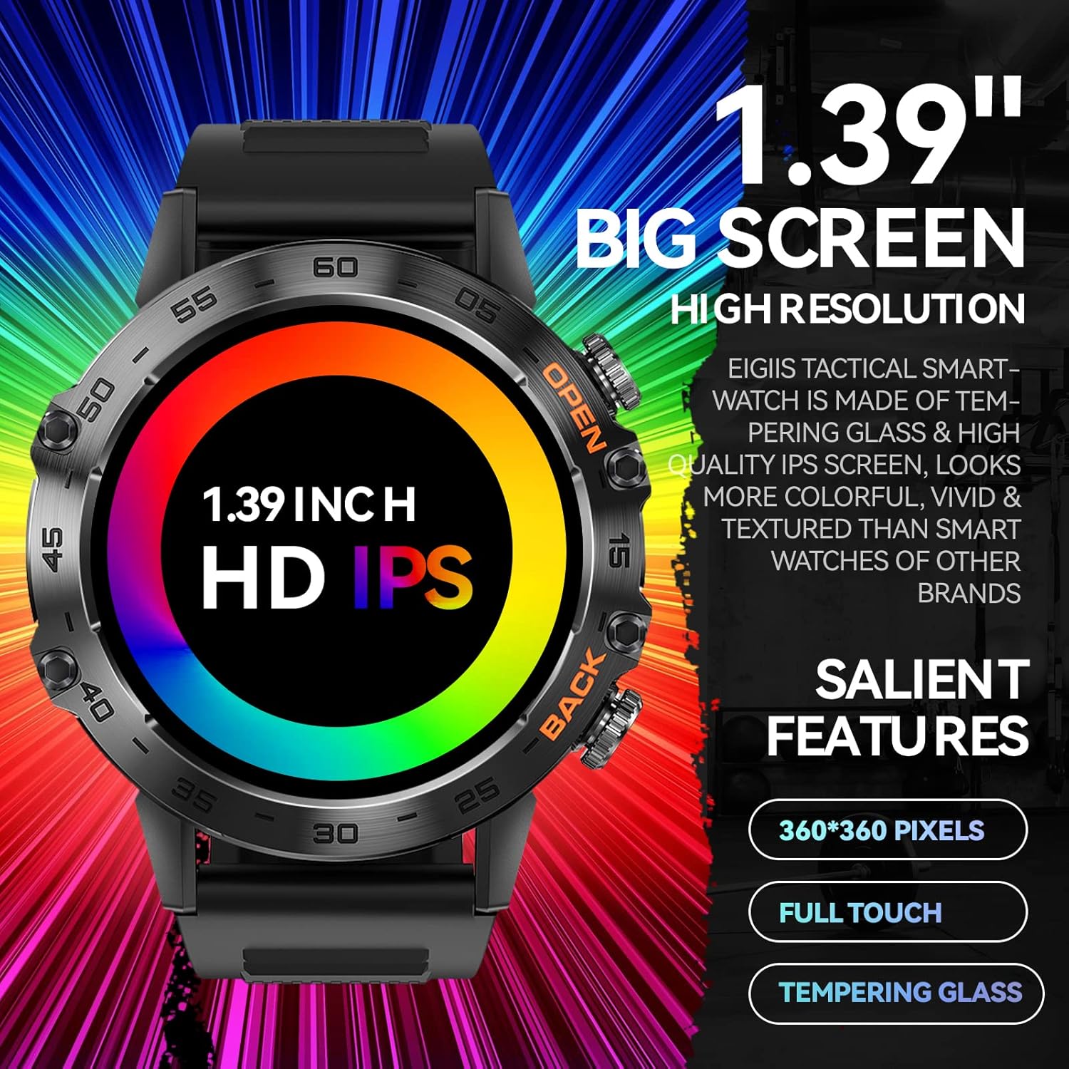 Military Smart Watch with HD Screen Heart Rate Monitor Fitness Tracker, Black T311