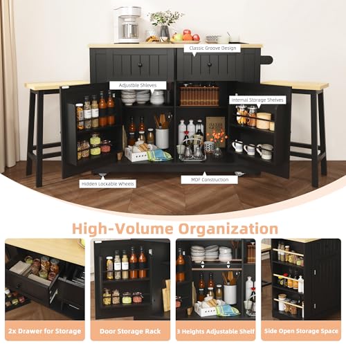 Kitchen Island Cart with Drop Leaf, Power Outlet, and 5 Storage Shelves Z644898