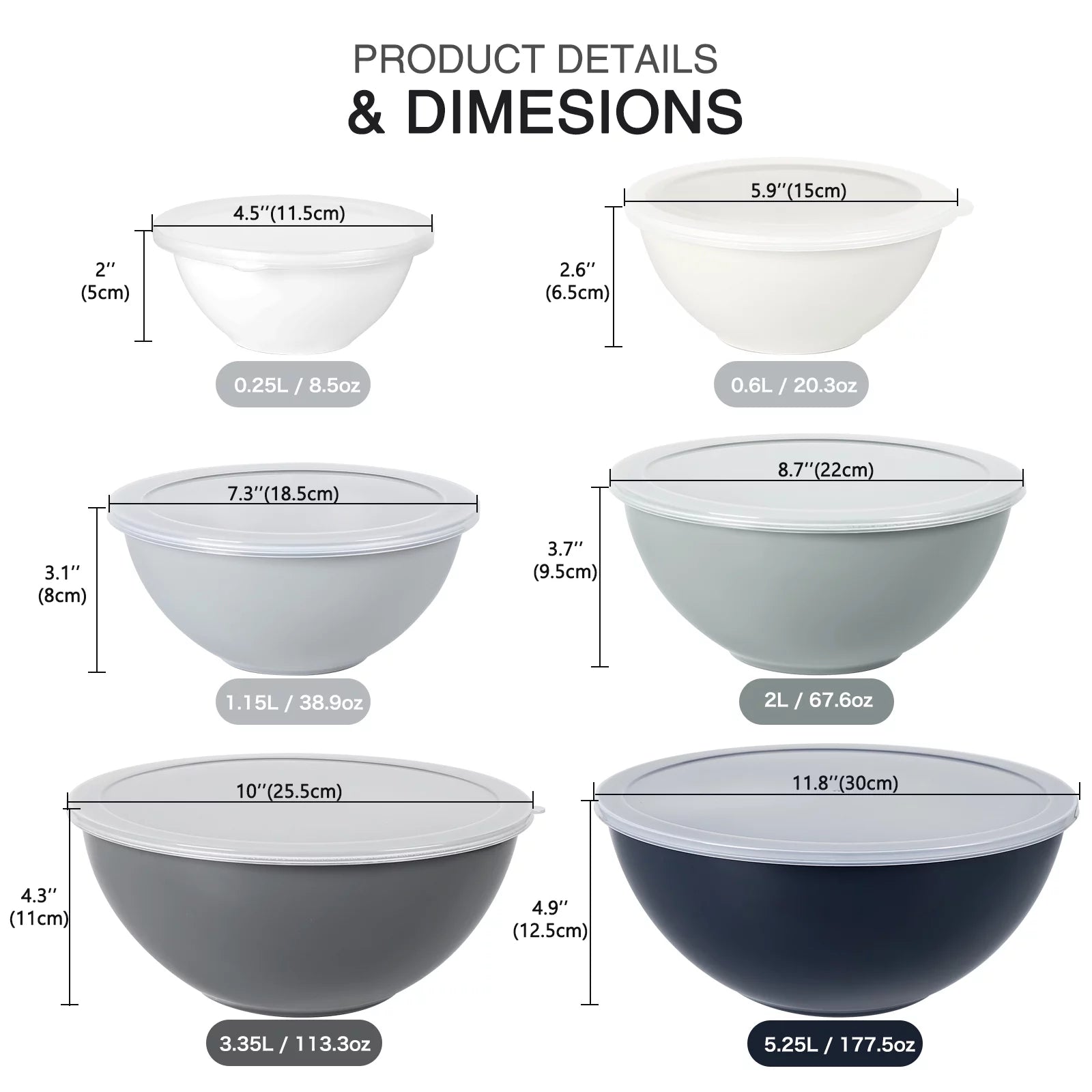 Mixing Bowls with Lids, 12 Piece Plastic Nesting Set, Microwave Safe H683