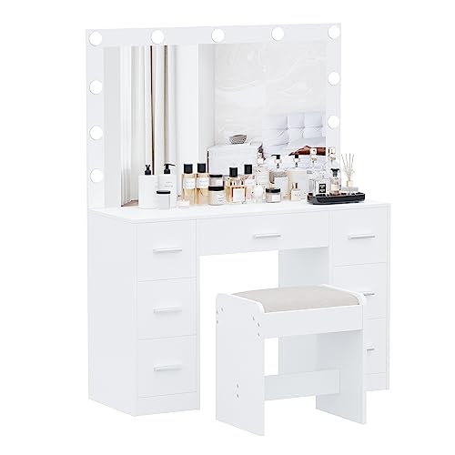 Vanity Desk with Stool, Lighted Mirror, 3 Color Modes, Adjustable Brightness, Drawers, White S703720