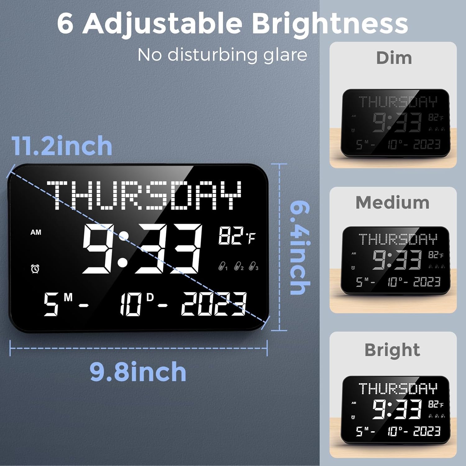 11.2" Digital Calendar Clock with Day and Date, Remote Control, 4 Alarms, Adjustable Dimmer X9730