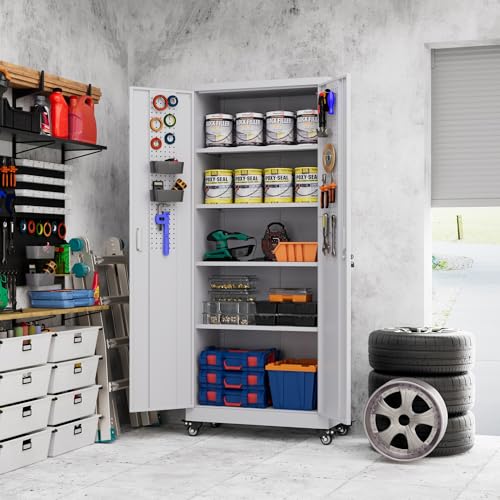 Metal Storage Cabinet with Wheels, 73" H, Locking Doors and Adjustable Shelves C8462