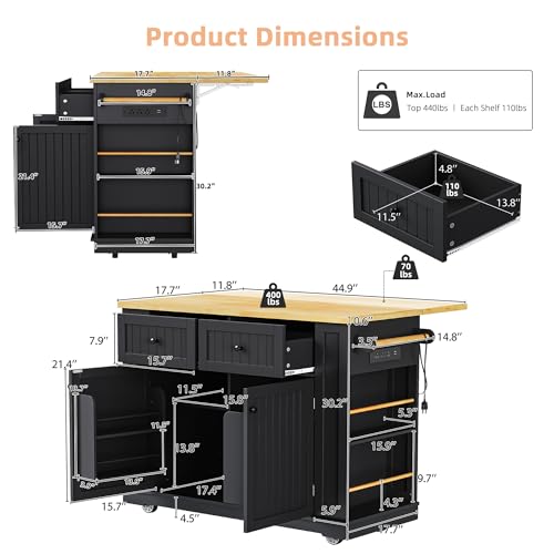 Kitchen Island Cart with Drop Leaf, Power Outlet, and 5 Storage Shelves Z644898