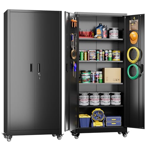 Metal Storage Cabinet with Wheels, 73" H, Locking Doors and Adjustable Shelves C8462