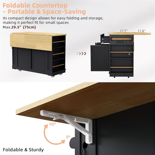 Kitchen Island Cart with Drop Leaf, Power Outlet, and 5 Storage Shelves Z644898