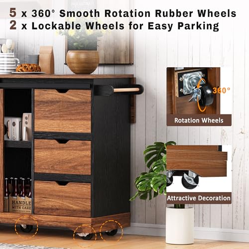 Farmhouse Kitchen Island with Drop Leaf, Barn Door and Wheels O34026