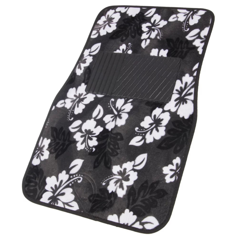 Hawaiian Hibiscus Car Floor Mats for Car Truck SUV - 4 Piece Set, Black & White F640