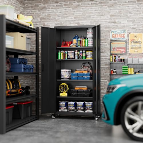 Metal Storage Cabinet with Wheels, 73" H, Locking Doors and Adjustable Shelves C8462