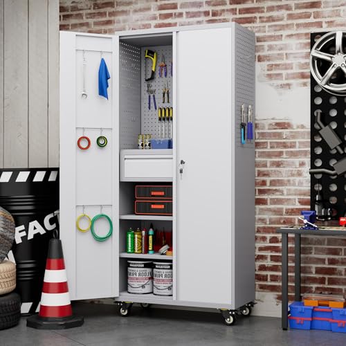 Metal Storage Cabinet with Wheels, 73" H, Locking Doors and Adjustable Shelves C8462