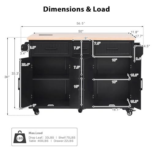 Kitchen Island Cart with Drop Leaf, Power Outlet, and 5 Storage Shelves Z644898