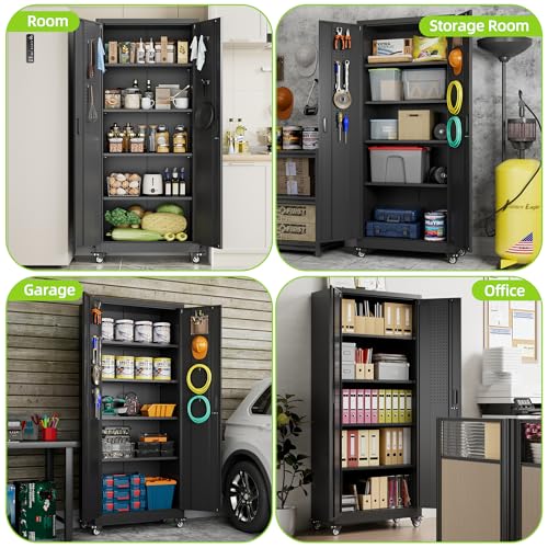Garage Storage Cabinet with Wheels, 72" H, 2 Doors, 4 Adjustable Shelves, Black Q104