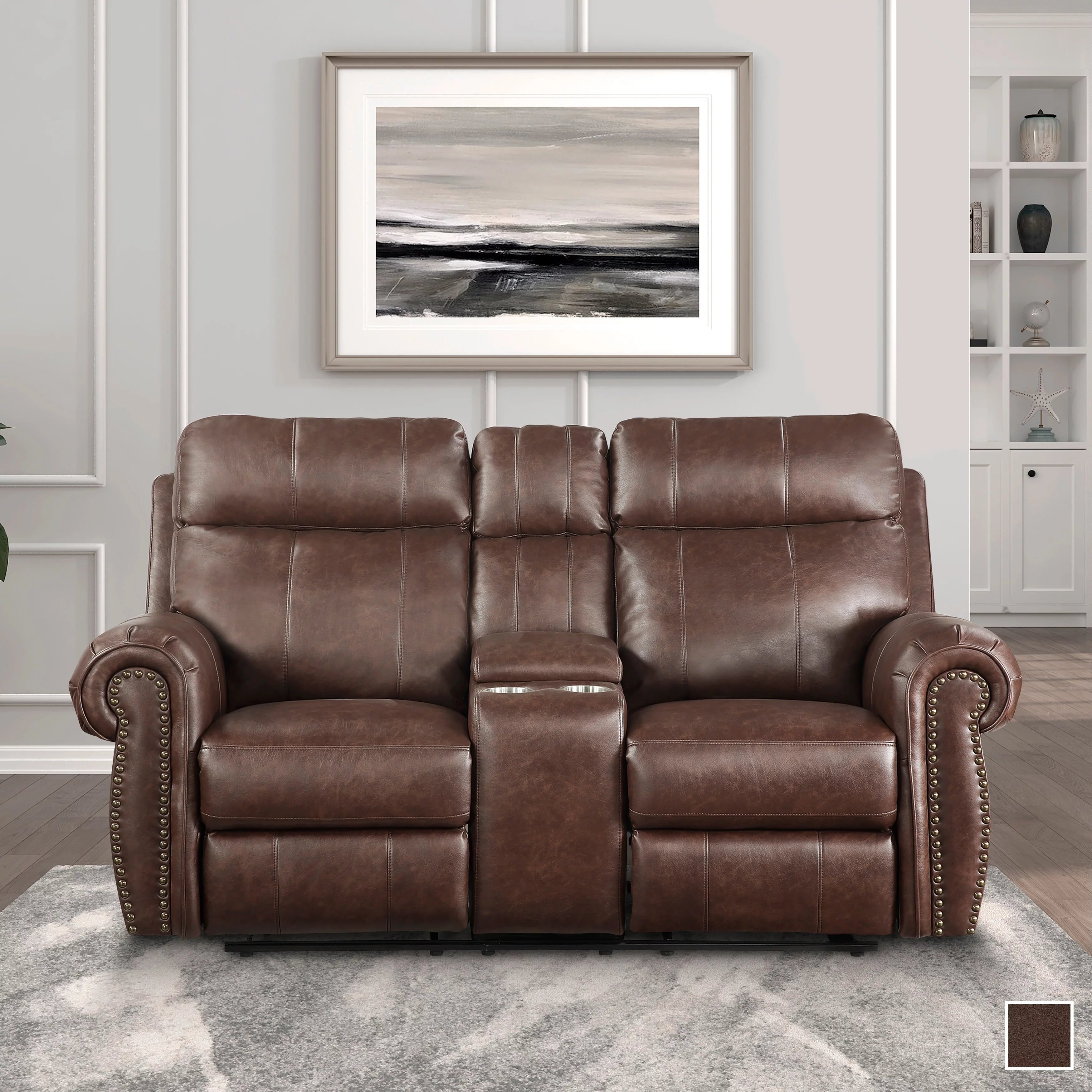 Breathable Faux Leather Manual Double Reclining Loveseat Brown S487