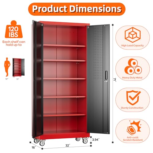 Metal Storage Cabinet with Wheels, 73" H, Locking Doors and Adjustable Shelves C8462