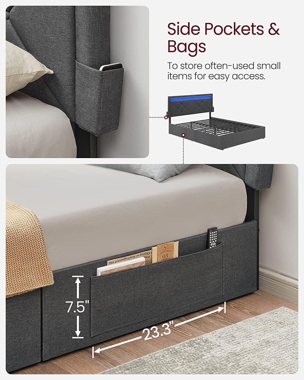 Full Size LED Bed Frame with Headboard and 4 Drawers Storage, Gray N72954