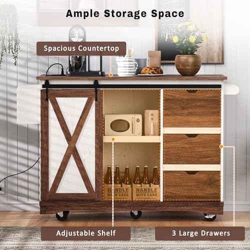 Farmhouse Kitchen Island with Drop Leaf, Barn Door and Wheels O34026