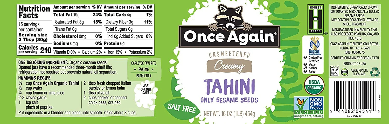 Organic Unsweetened Tahini Creamy Sesame Seed, 16 oz Pack of 4 C871721