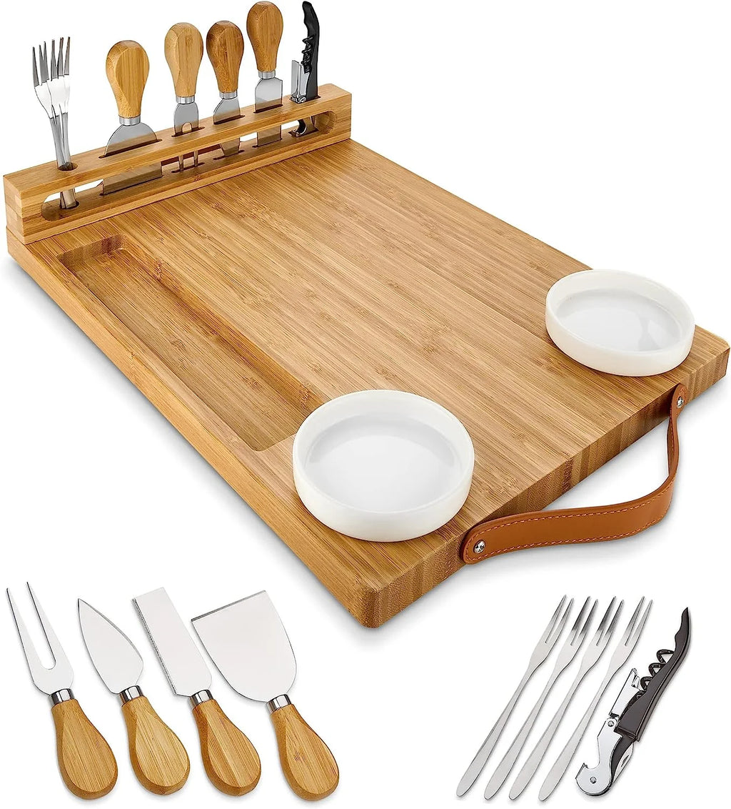 Bamboo Cheese Board with Knife Set and Ceramic Bowls R1757