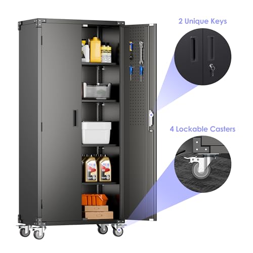 Garage Storage Cabinet with Wheels, 72" H, 2 Doors, 4 Adjustable Shelves, Black Q104