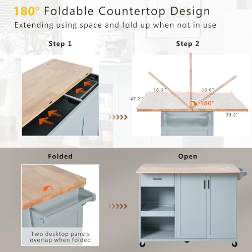 Large Kitchen Island with Drop Leaf, Rolling Cart, Power Outlet R822