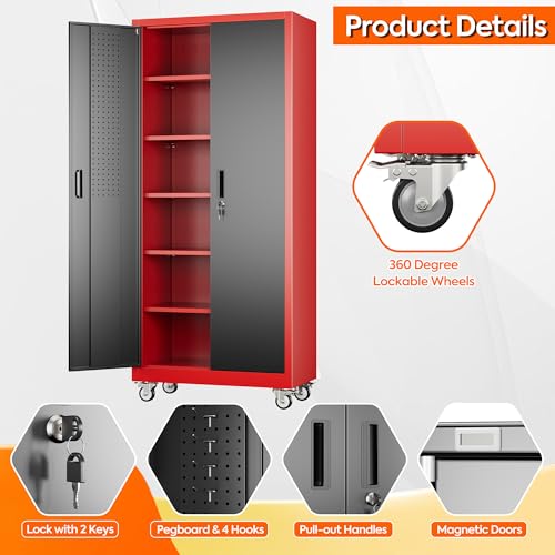 Metal Storage Cabinet with Wheels, 73" H, Locking Doors and Adjustable Shelves C8462
