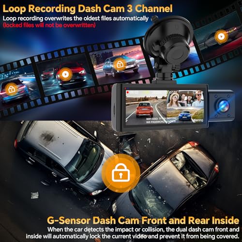 3 Channel Dash Cam Front Rear Inside, 2.5K WiFi, 64GB Card, IR Night Vision B335696